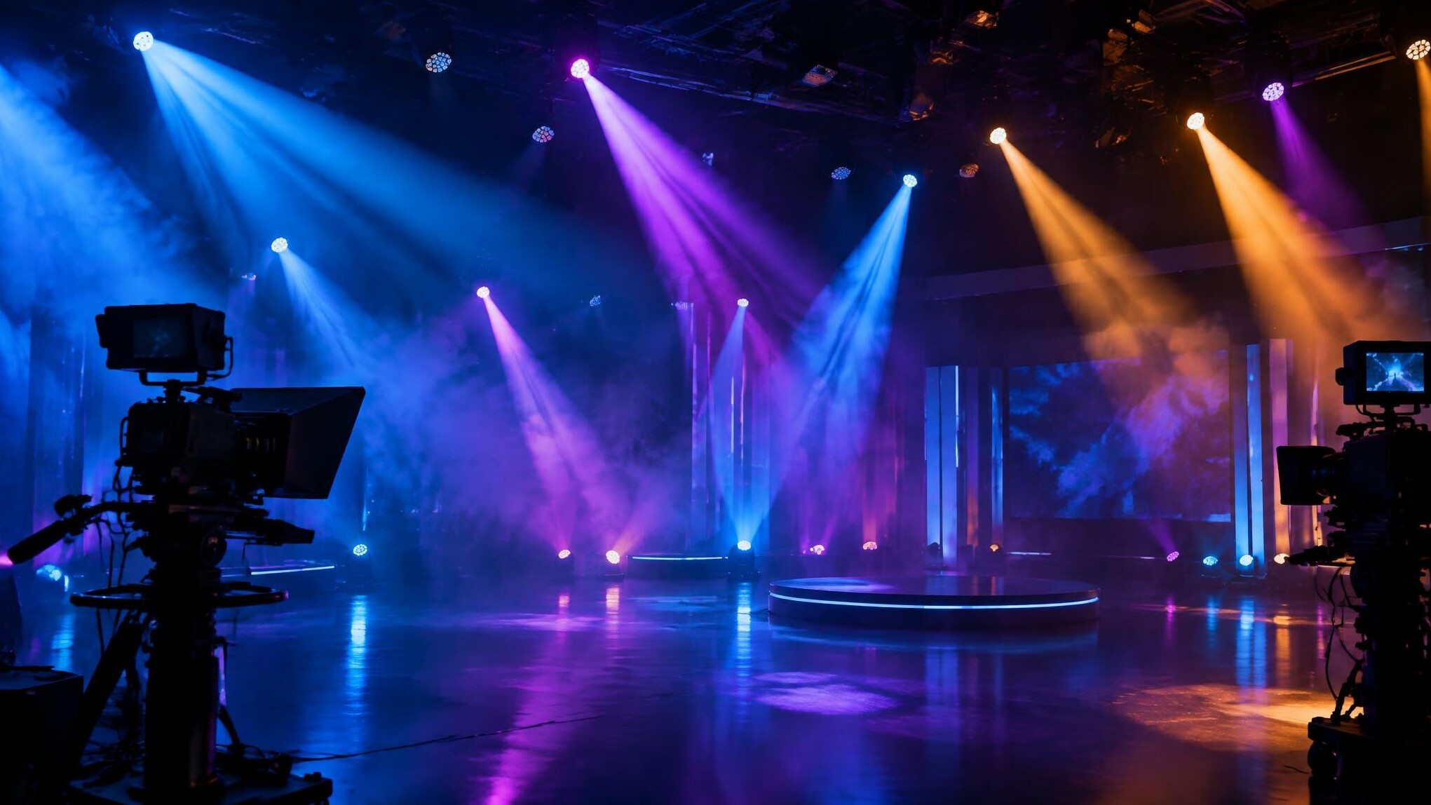 Coloured stage lights illuminating a dark studio