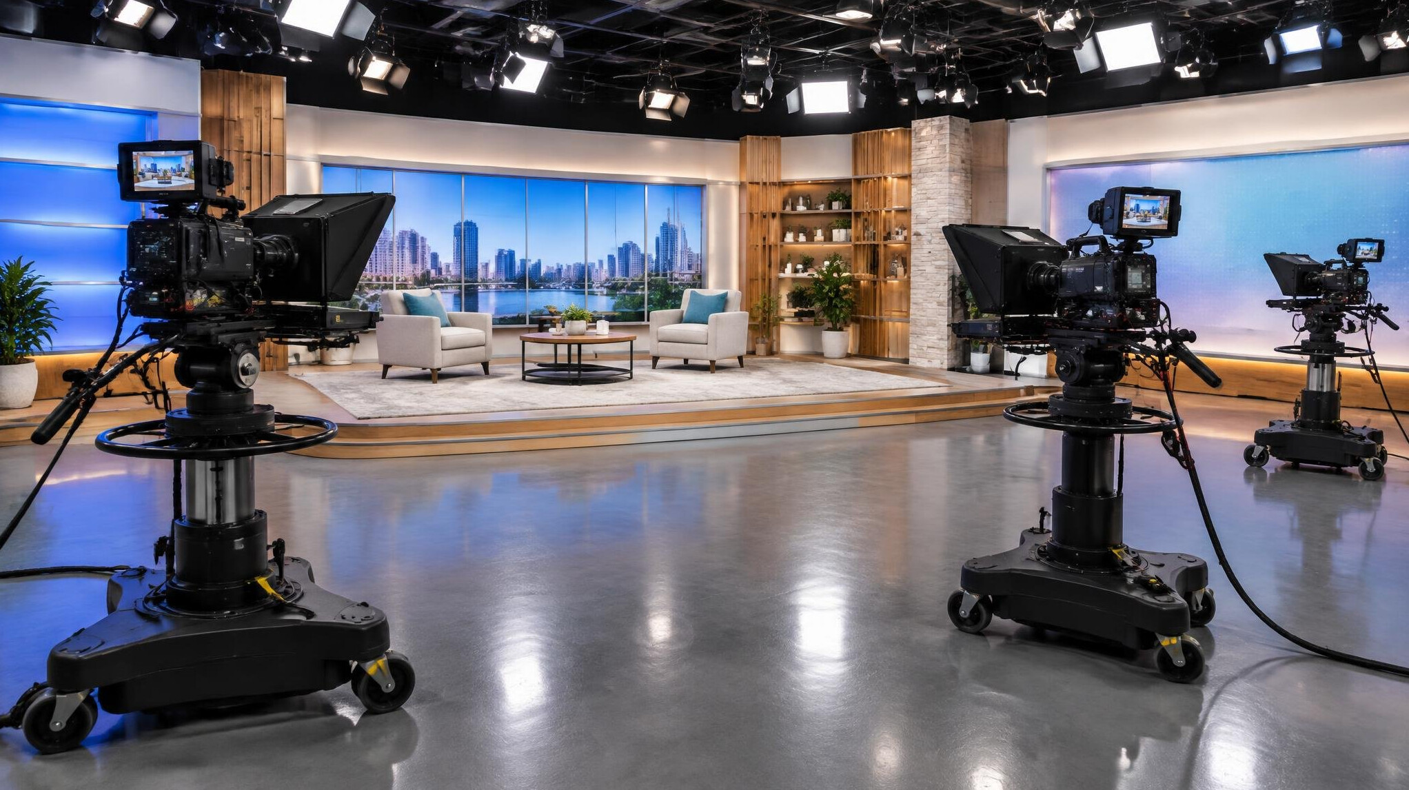 Multiple broadcast cameras positioned around a studio set