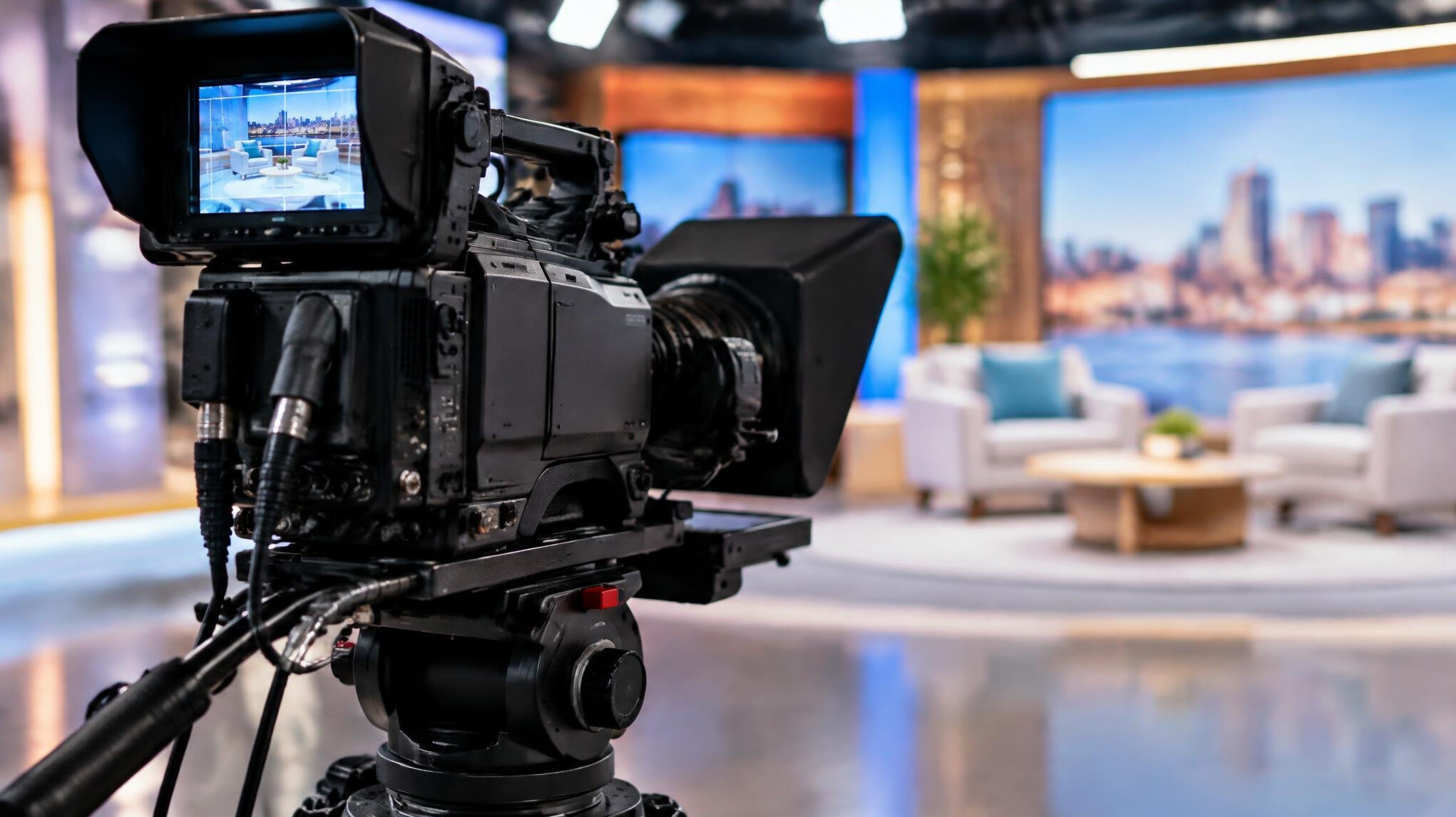 Broadcast camera on a tripod pointed at a studio set