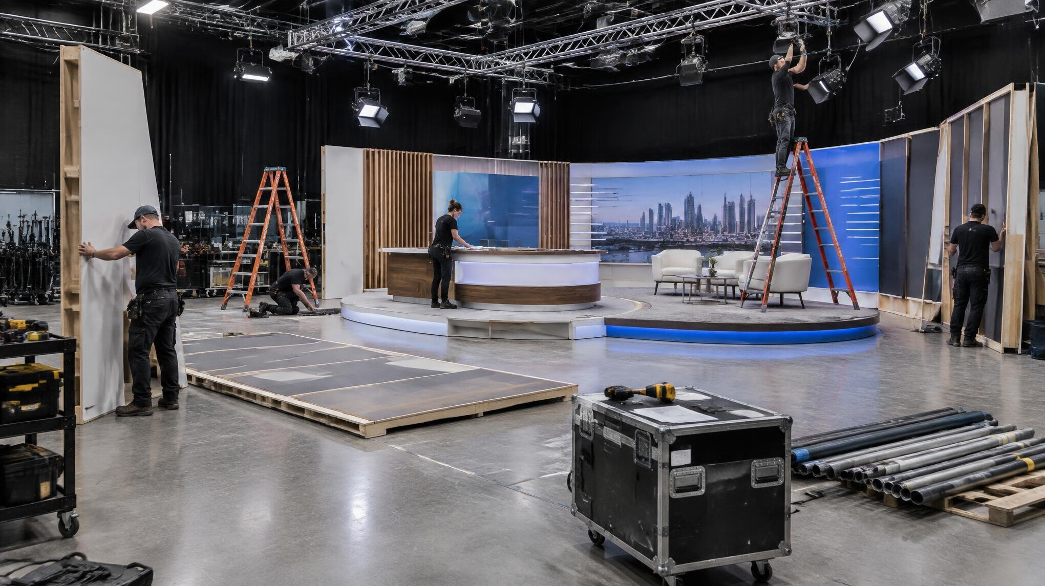 Technicians building a television studio set
