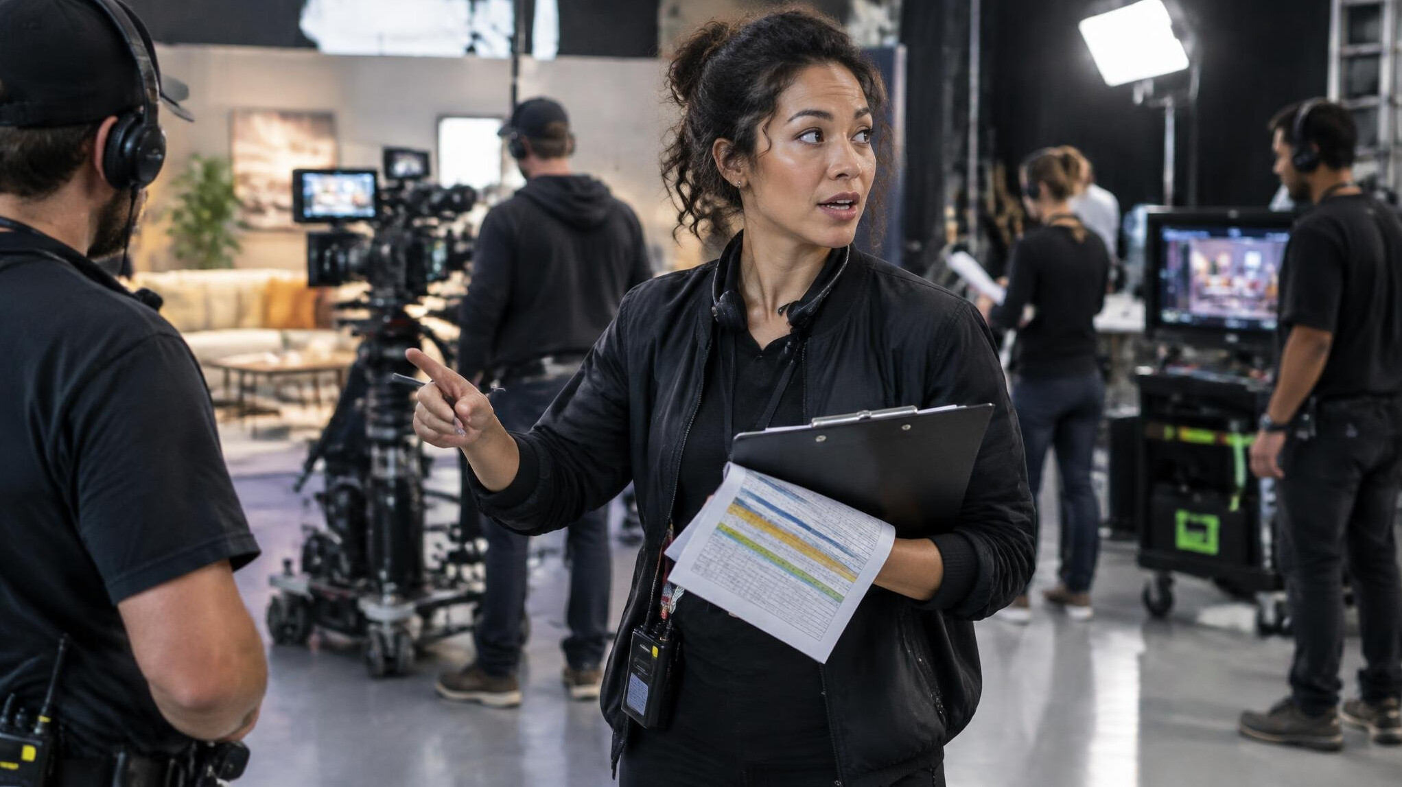 Production manager holding a clipboard on set during a shoot