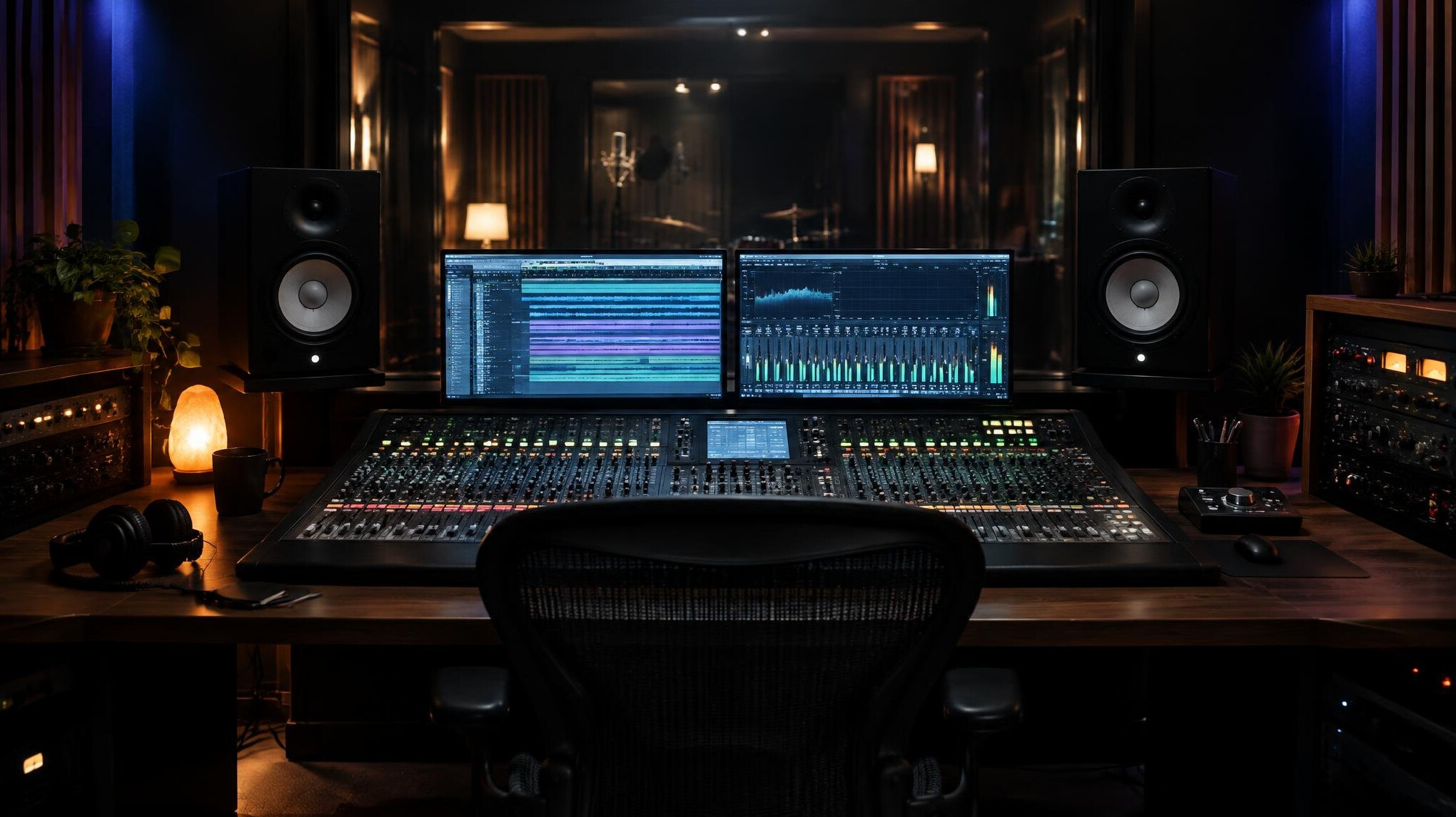 Sound control booth with speakers and monitoring screens