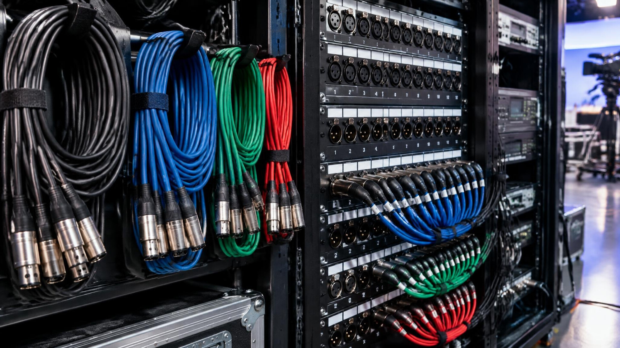 Neatly bundled cables and connectors backstage at a studio