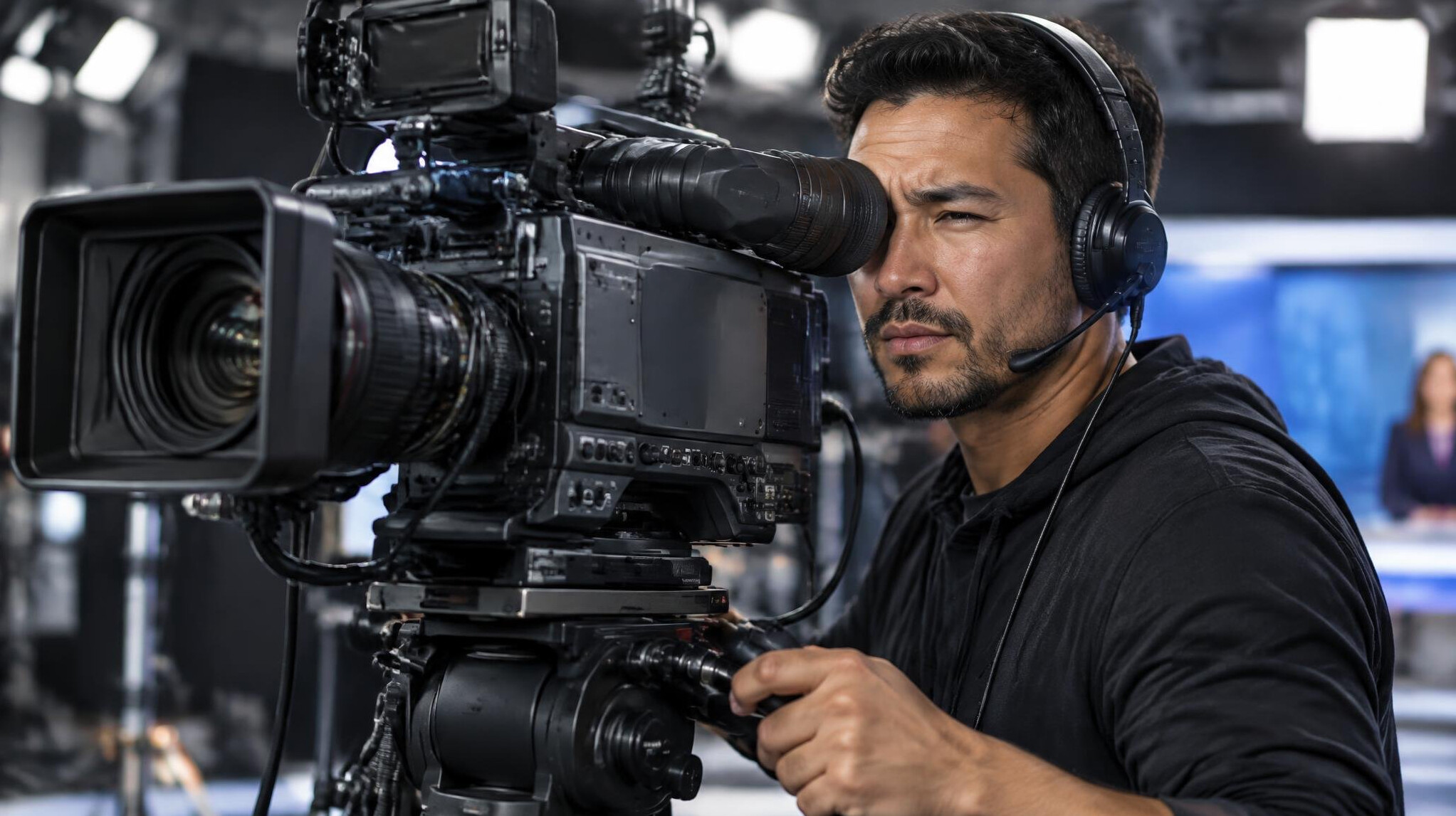 Camera operator filming from behind a broadcast camera