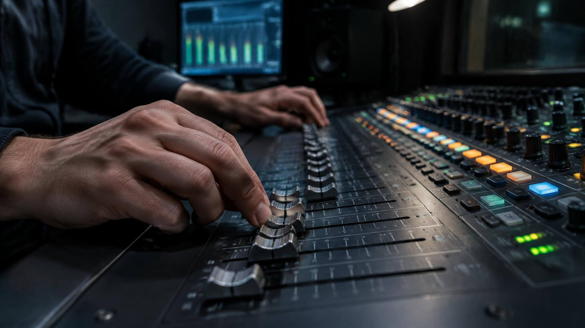 Sound engineer adjusting an audio mixing desk