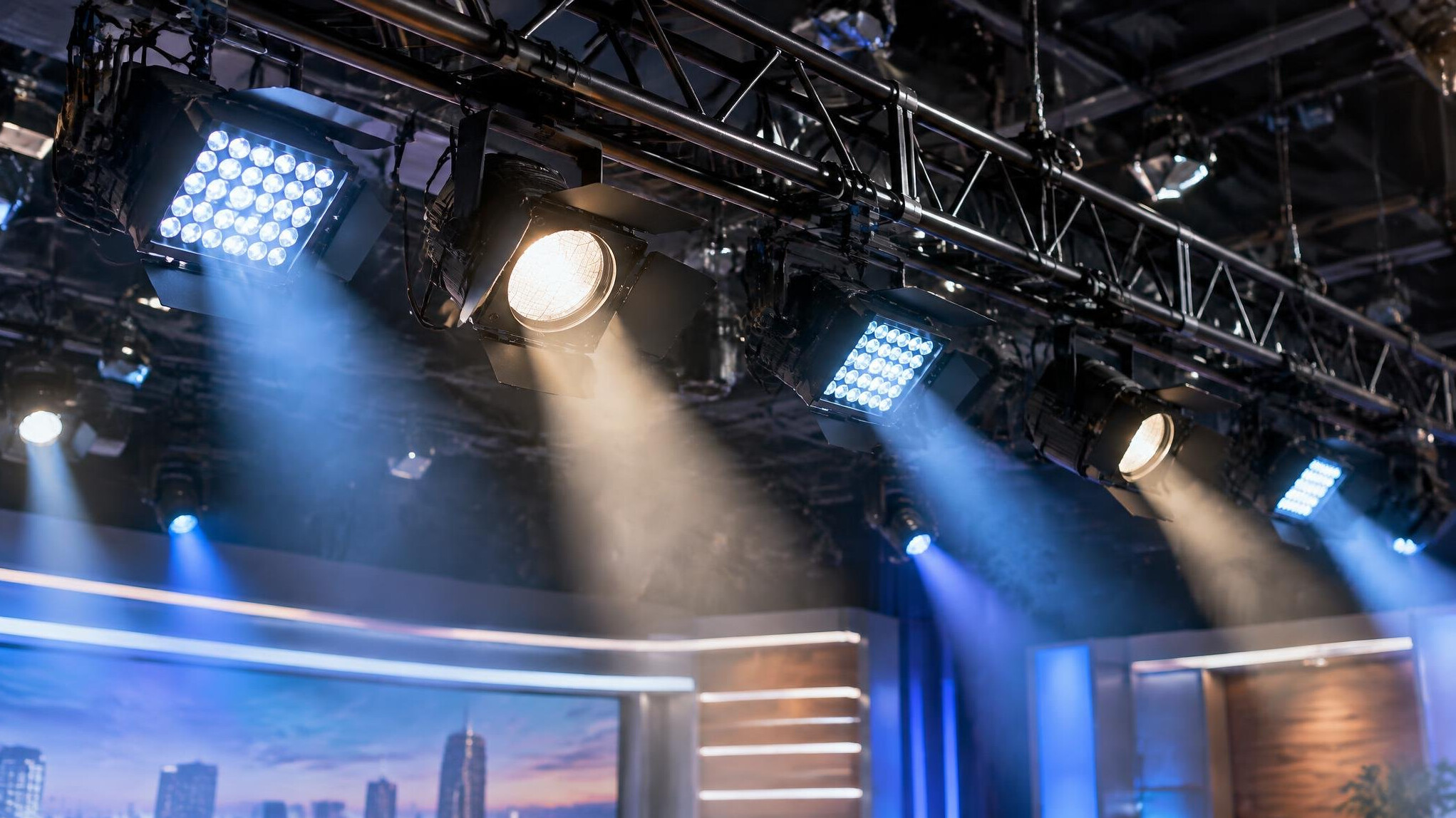 Rig of stage lighting fixtures hanging above a set