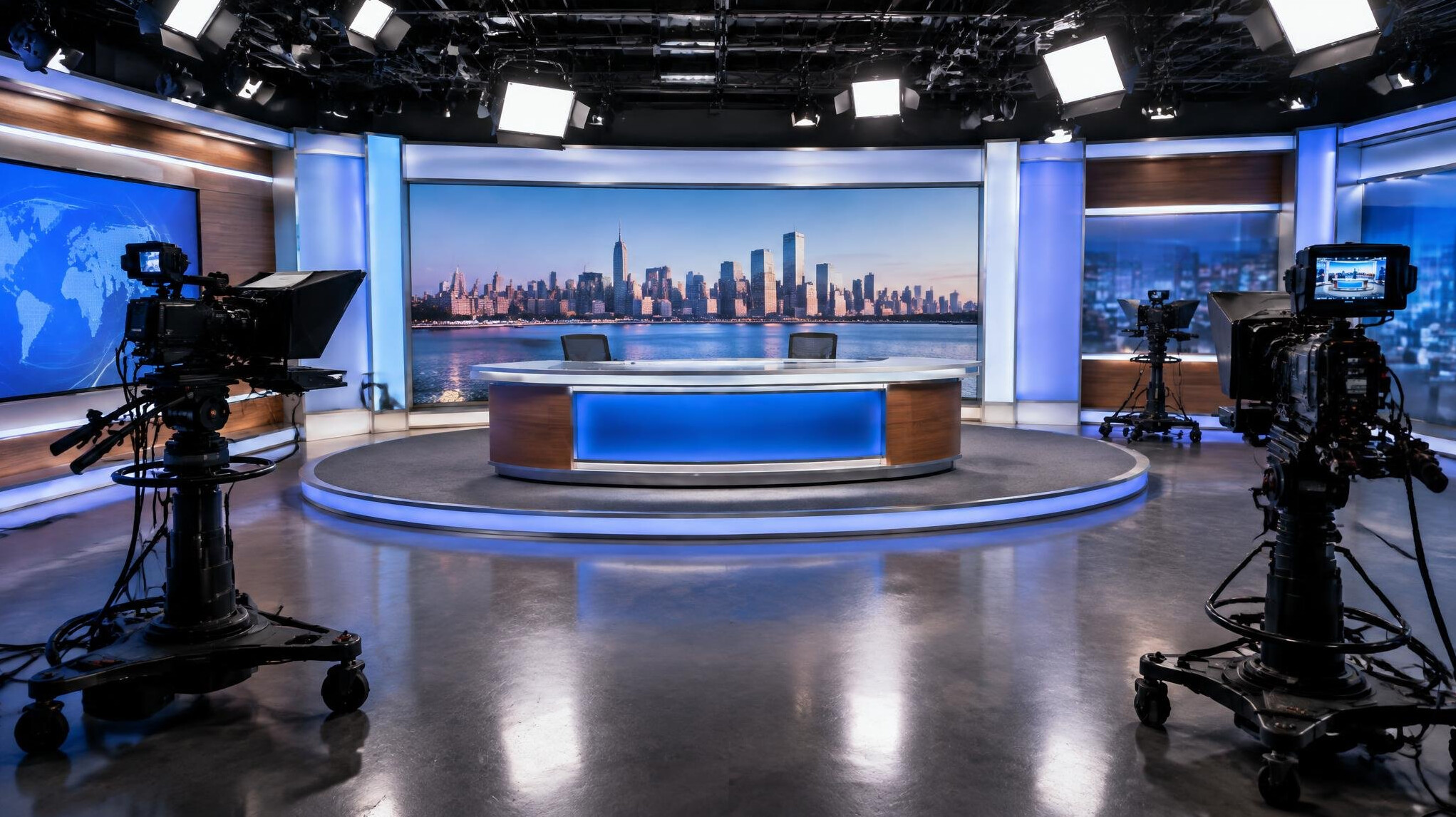 Empty television studio set with cameras and lighting ready