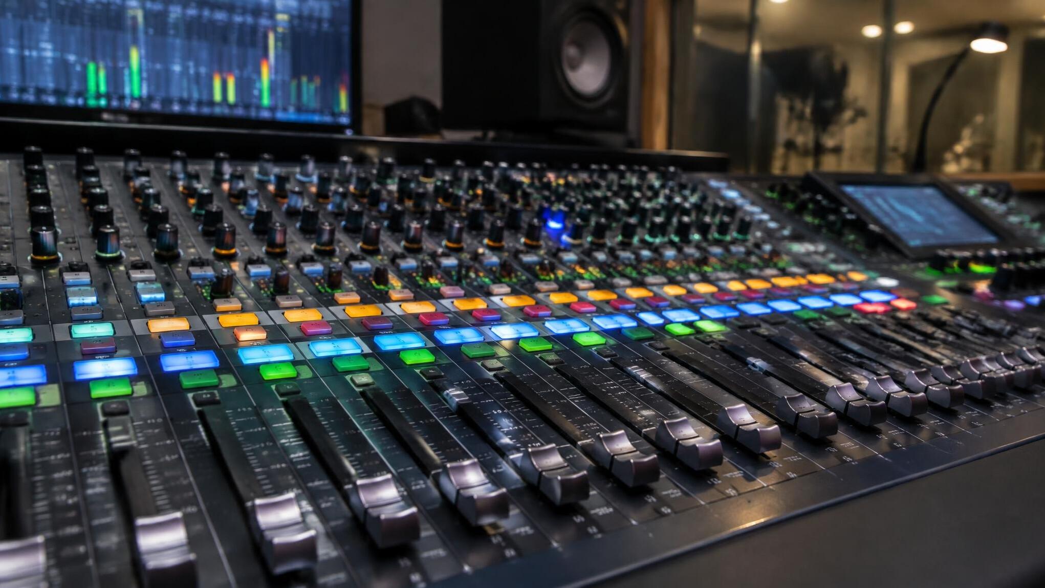 Audio mixing console with rows of faders