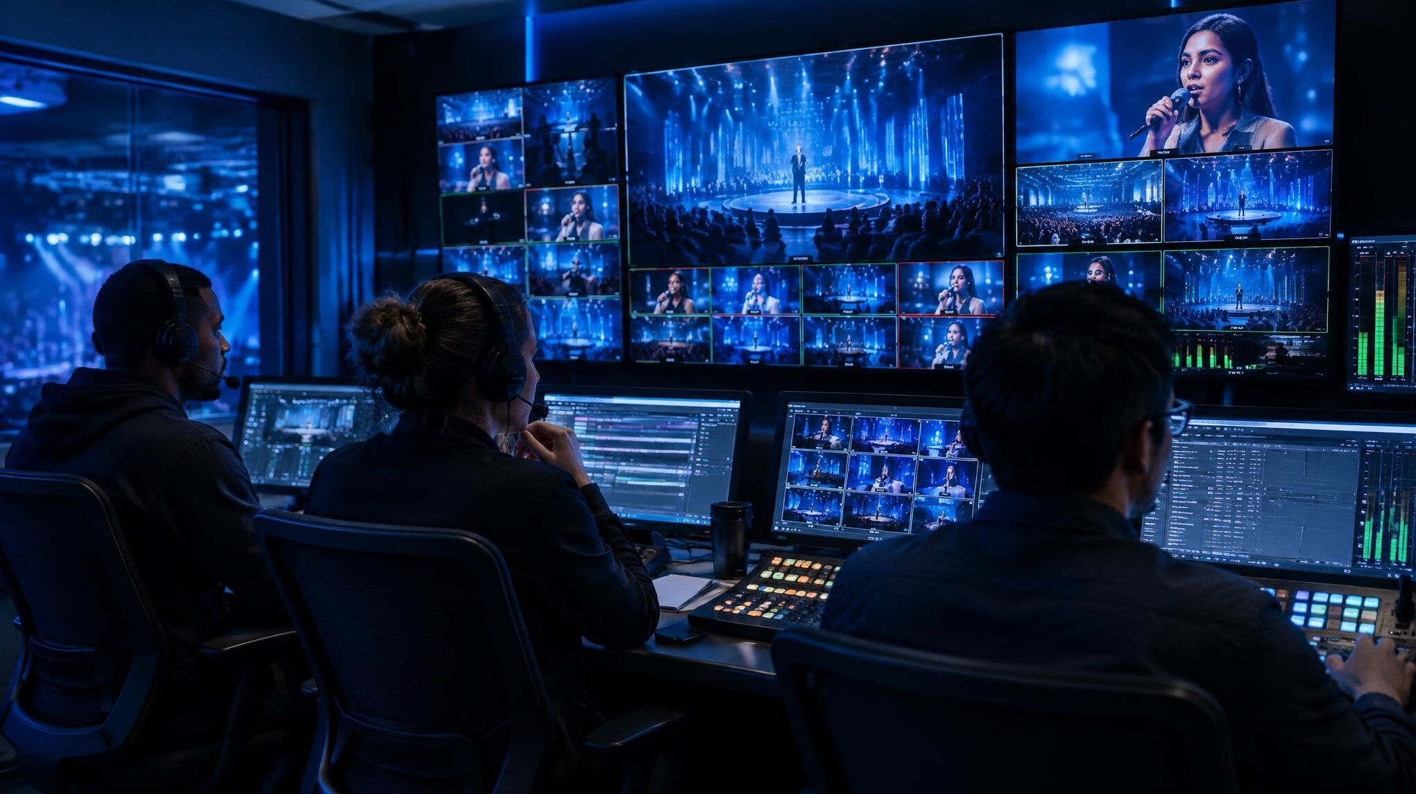 Broadcast control room with monitors showing a multi-camera live production