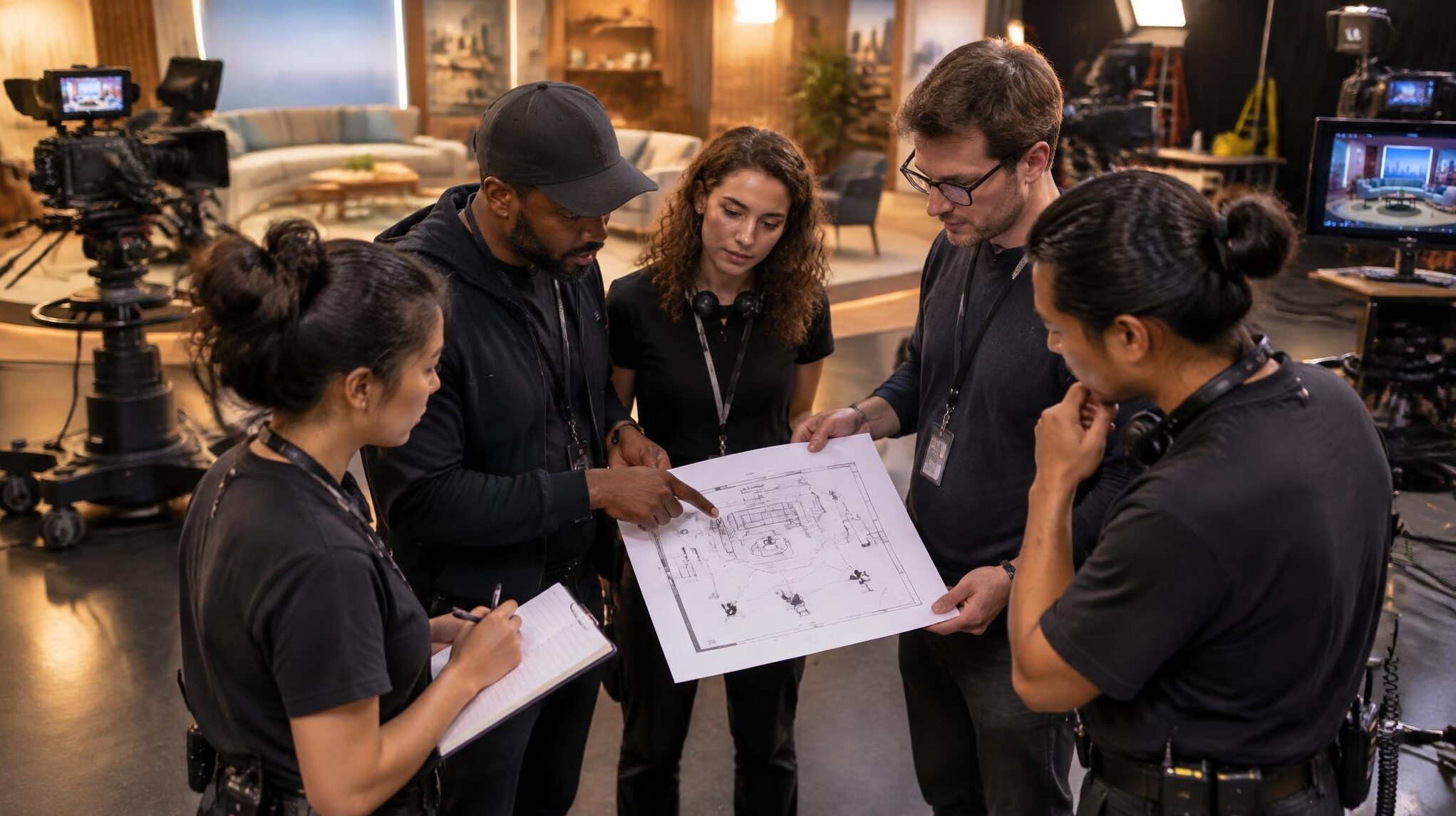 Production crew reviewing a technical floor plan on set